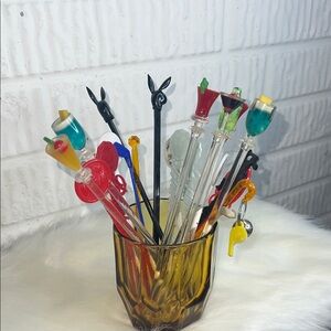 Colorful Cocktail Stir Sticks Set With Amber color Rocks Glass